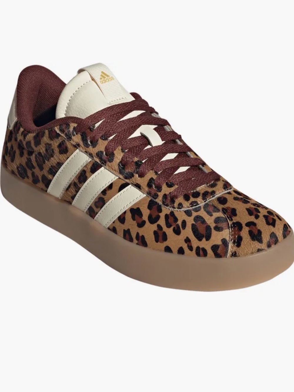 adidas Leopard Print Sneaker with Cream Stripes and Maroon Accents